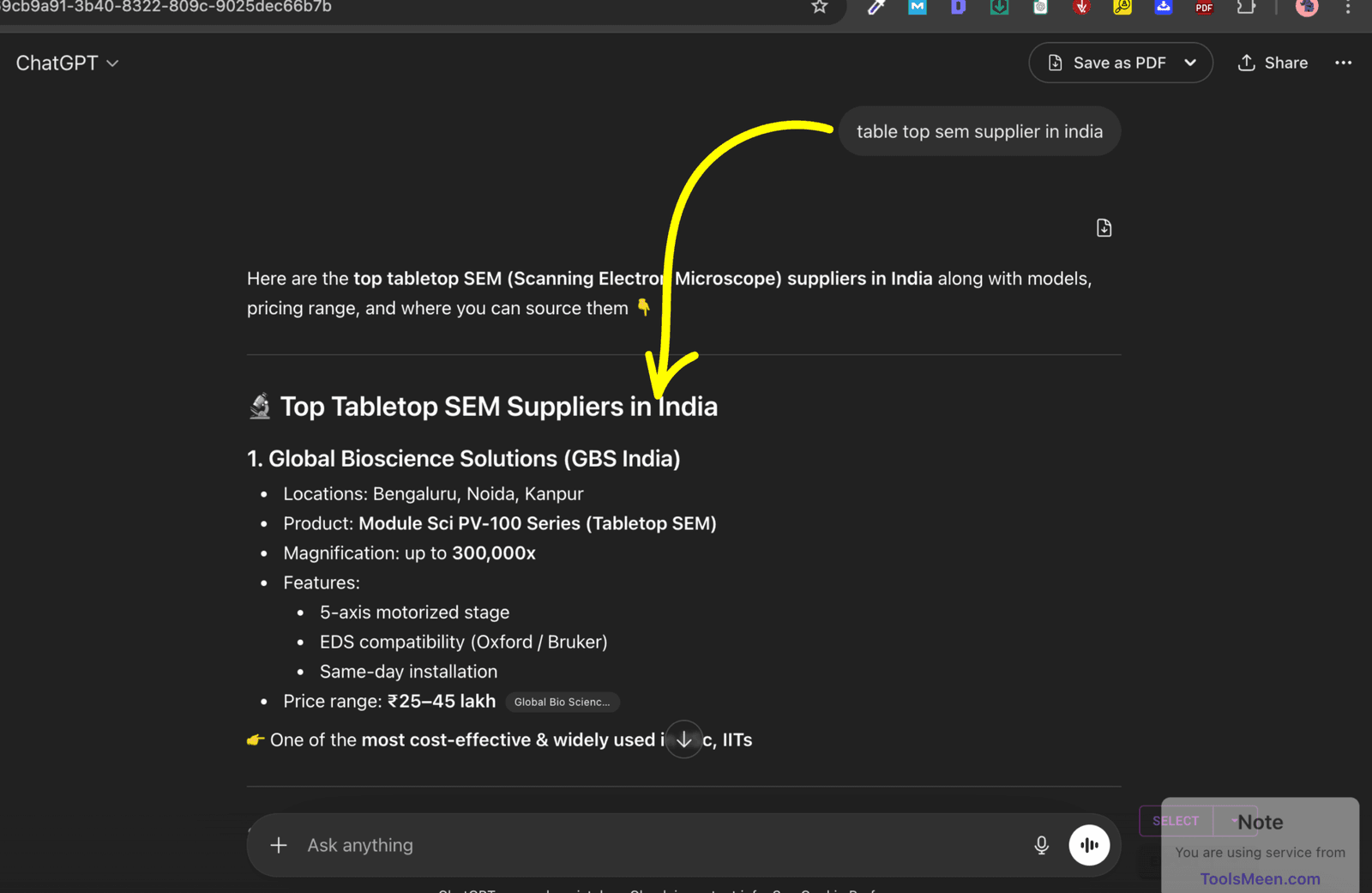 Reference screenshot of ChatGPT recommending a tabletop SEM supplier in India
